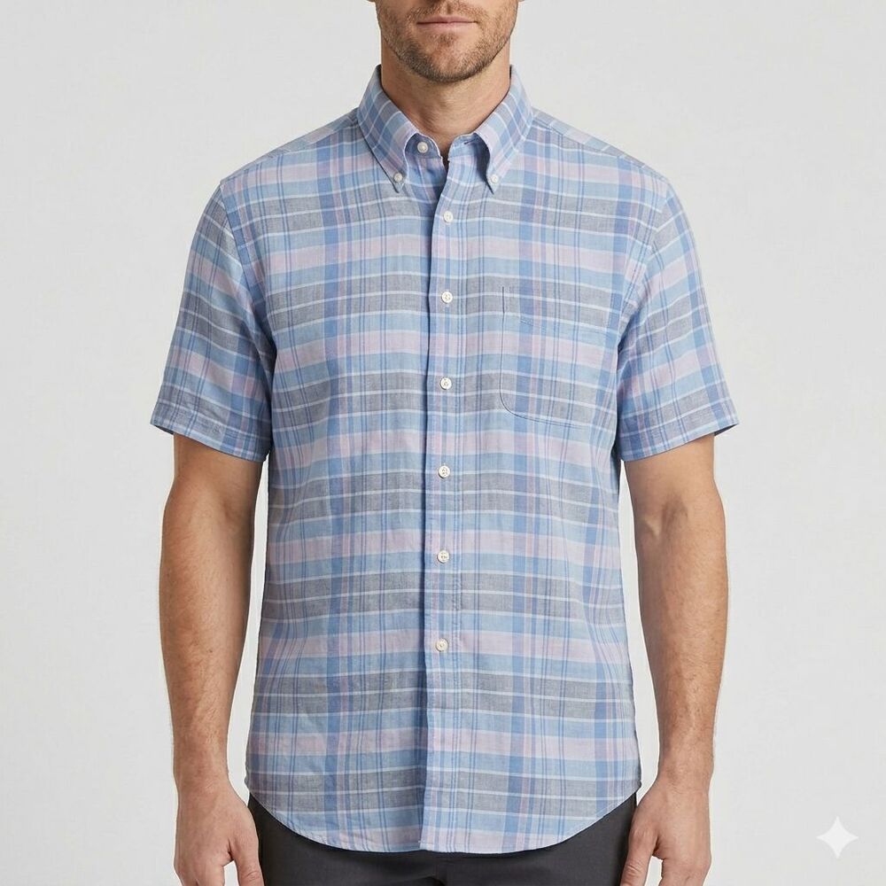 Brooks Brothers Linen Shirt Mens Medium Gingham Plaid Short Sleeve Button Down